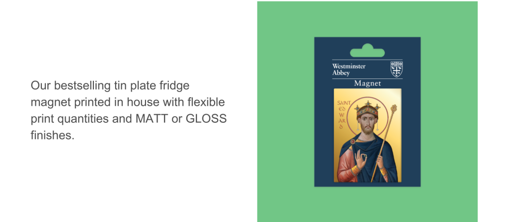 Westminster Abbey St Edward Photo Magnet on Green Background. Our bestselling tin plate fridge magnet printed in house with flexible print quantities and MATT or GLOSS finishes.
