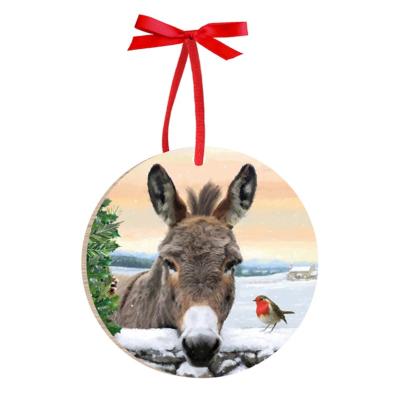 Round double sided donkey and robin christmas decoration