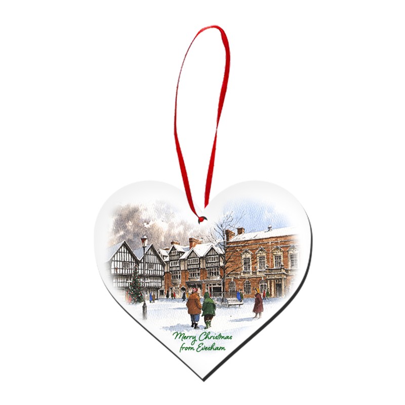 Heart shaped double sided local snow scene christmas decoration