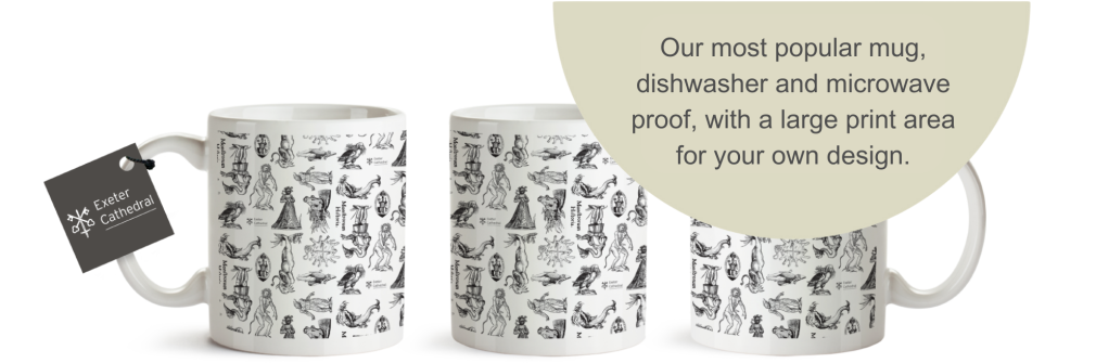 Three Exeter Cathedral mugs, black and white icons with text cream half circle saying Our most popular mug, dishwasher and microwave proof, with a large print area for your own design.